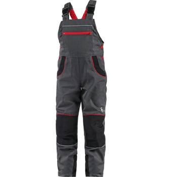 CXS PHOENIX CASPER - dětské montérkové kalhoty s náprsenkou, šedé s černo-červenými doplňky