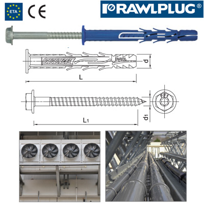 R-FF1-N-K Nylonová rámová hmoždinka s límcem a pozinkovaným šroubem s šestihrannou hlavou (10 x 200 mm se šroubem 7 x 209 mm / šestihr. hlava s podložkou TX30/SW13)