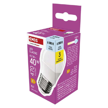 LED žárovka Classic Mini Globe 4,2W E27, 45x45x77mm, studená bílá (náhrada za 40W), EMOS