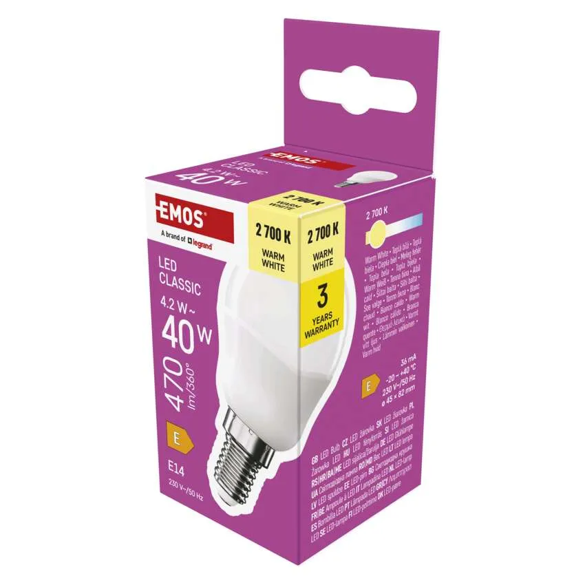 LED žárovka Classic Mini Globe 4,2W E14 teplá bílá (náhrada za 40W), EMOS