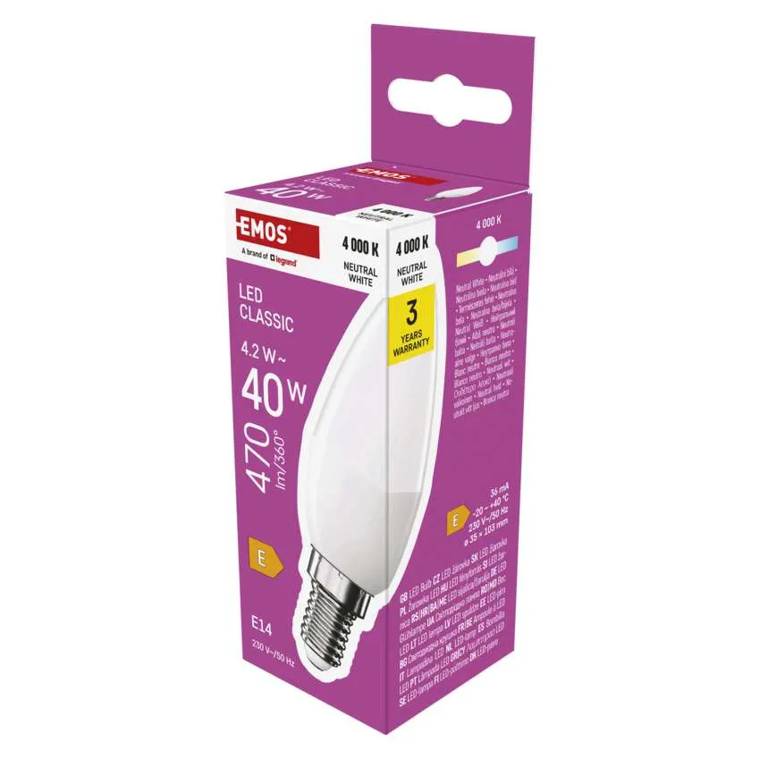 LED žárovka Classic svíčka 4,2W E14, neutrální bílá (náhrada za 40W), EMOS