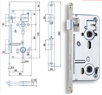 540 P / L 90/80 Zámok zadlabávací obyčajný, bez prevodu - WC zámok, spodný orech 6x6 mm