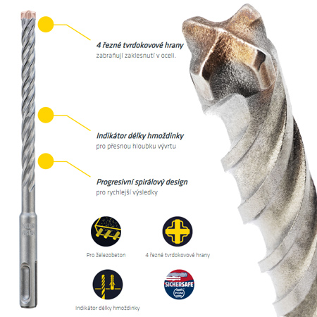 FORCE X - příklepový vrták SDS+, 4 břity, armovaný beton
