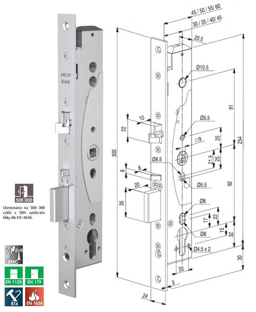Elektromechanický zámok EL460 12-24V, rozstup 92 mm