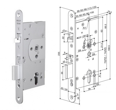 EL160 55/72 - Samozamykací mechanický zámok, pravoľavý, rozteč 72 mm