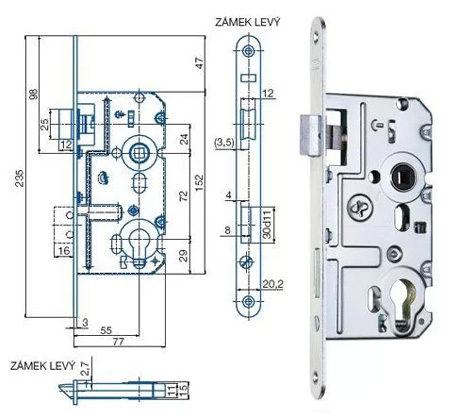 K221 - Zadlabací zámek vložkový, jednozápadový s převodem