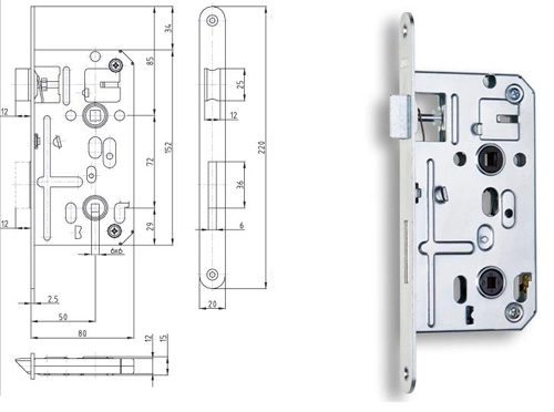 K135 P / L ZB 72/80 Zámok zadlabovací, obyčajný bez prevodu - WC zámok, spodný orech 6x6 mm