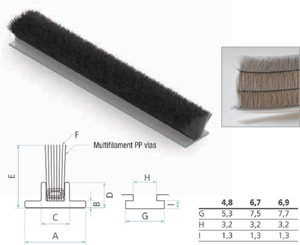 Flexibilný kartáč POWER-PILE (PW) (šírka základne: 4,8 mm x výška vlasu 13 mm / sivá / 4P/ PW (T-FOOT) s prešitím)