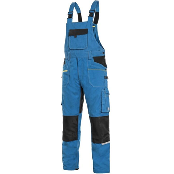 CXS STRETCH - kalhoty pánské s náprsenkou, středně modré-černé, reflexní doplňky