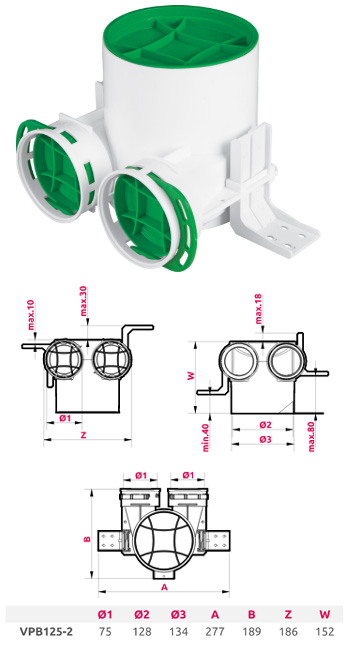 VPB125-2 připojovací box průměr 125-2x75 AWENTA
