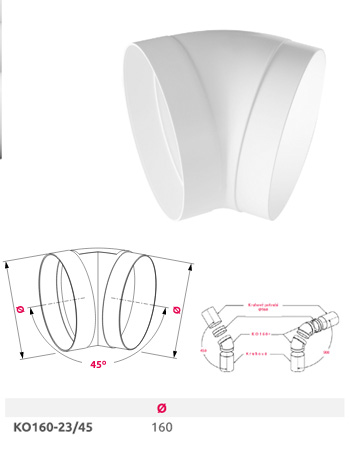 KO160-23/45 potrubní spojka kruhová koleno 45° průměr 160 mm